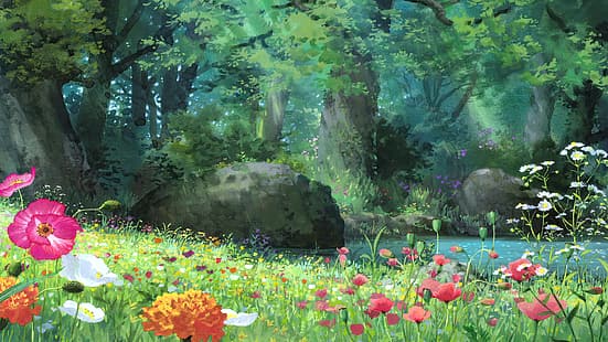 Kari-gurashi no Arietti, films d'animation, anime, animation, photos de film, Studio Ghibli, champ, fleurs, eau, rochers, arbres, forêt, nature, herbe, feuilles, Fond d'écran HD HD wallpaper