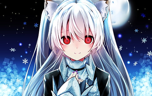 Anime girl, czerwone oczy, białe włosy, zwierzęce uszy, płatki śniegu, Anime, Tapety HD HD wallpaper