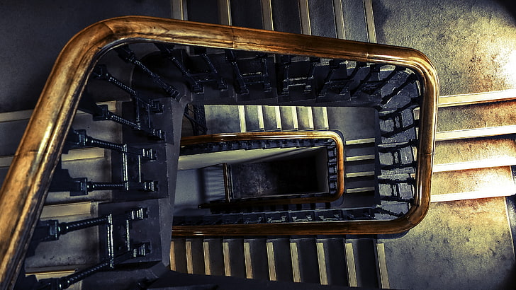 escaleras, ciudad, castillo, superficie de madera, barandas, marrón, negro, gris, vista superior, escalera, Fondo de pantalla HD