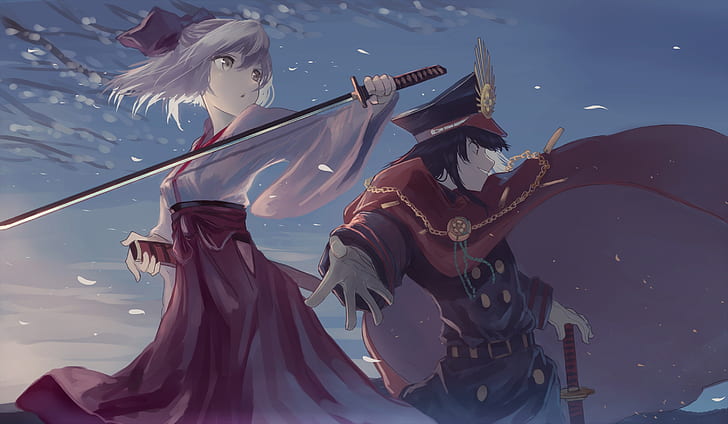 sakura saber, demon archer, fate grand order, petals, cape, military uniform, Anime, HD wallpaper