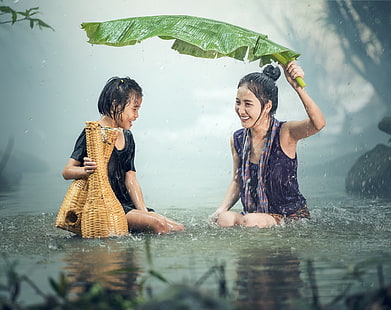 Standing in the Rain, women's black sleeveless top, Asia, Thailand, Girls, Drops, Travel, Smile, People, Happy, River, Water, Tropical, Young, Children, Leaf, Stream, Rain, Photography, Creek, Rainforest, happiness, Bath, child, Vacation, kids, laughing, visit, tourism, rainfall, HD wallpaper HD wallpaper