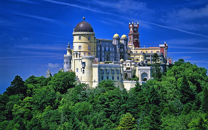 castello, alberi, paesaggio, architettura, Portogallo, Sintra, Sfondo HD