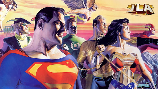 Justice League DC Green Arrow Superman Wonder Woman The Flash Aquaman HD, การ์ตูน / การ์ตูน, สีเขียว, ลีก, ผู้หญิง, ดีซี, ซูเปอร์แมน, ลูกศร, สงสัย, แฟลช, ความยุติธรรม, อะควาแมน, วอลล์เปเปอร์ HD HD wallpaper