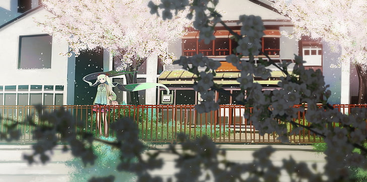 rosa Kirschblütenillustration, Bäume, langes Haar, Blätter, Kirschblüte, Hatsune Miku, Animemädchen, HD-Hintergrundbild