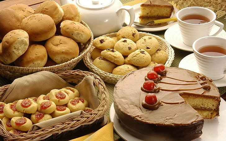 chleb tostowy i ciasteczka, żywność, słodkie, słodkie, stołowe, ciasto, czekolada, wiśnia, Tapety HD