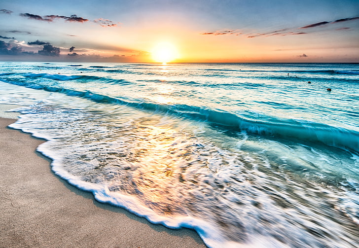 sunset, sand, sea, the sun, dawn, shore, horizon, Mexico, surf, Cancun, HD wallpaper
