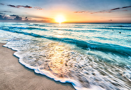 matahari terbenam, pasir, laut, matahari, fajar, pantai, horison, Meksiko, berselancar, Cancun, Wallpaper HD HD wallpaper