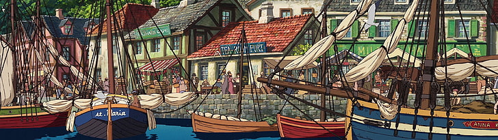 båt parkerad nära husmålning, flera skärmar, dubbla bildskärmar, docka, illustration, Studio Ghibli, Howl's Moving Castle, HD tapet