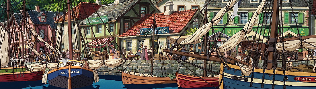 łódź zaparkowana w pobliżu domu malowanie, wielokrotny wyświetlacz, dwa monitory, dok, ilustracja, Studio Ghibli, Ruchomy zamek Hauru, Tapety HD HD wallpaper