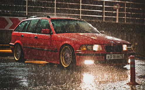 bbs, bmw, e36, pioggia, rosso, touring, tuning, Sfondo HD HD wallpaper