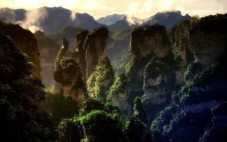 rock mountain, nature, landscape, mountains, forest, sunset, mist, limestone, rock, China, Avatar, World Heritage Site, trees, HD wallpaper
