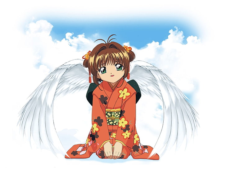 Kartenfänger Sakura, Mädchen, Brünette, Kimono, Flügel, HD-Hintergrundbild