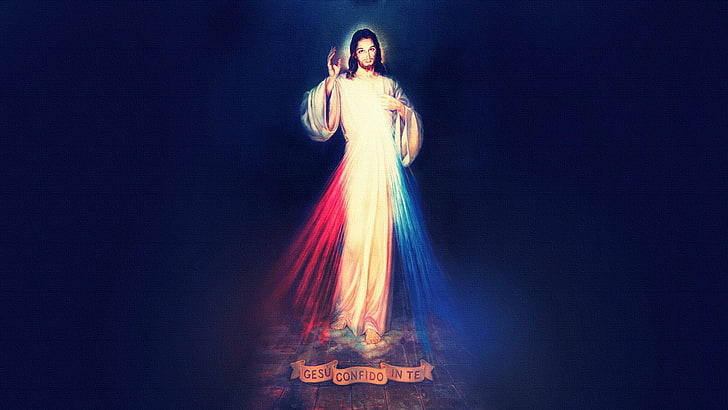 Illustration du Sacré-Cœur de Jésus, Jésus-Christ, bleu clair, lumières, religion, Sainte Bible, Christianisme, Fond d'écran HD