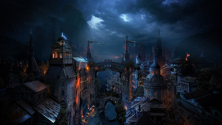 ilustração do castelo cinza, arte da fantasia, paisagem urbana, cidade, noite, Mostar, cidade da fantasia, obra de arte, HD papel de parede