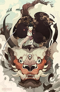 Японец, дракон, самурай, кимоно, фэнтези арт, женщины, краски для лица, катана, дым, HD обои HD wallpaper