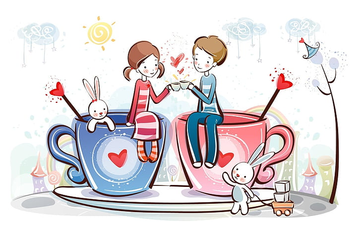 Couple in Love Drawing, cup, rabbit, heart, red, love, girl, boy, HD wallpaper