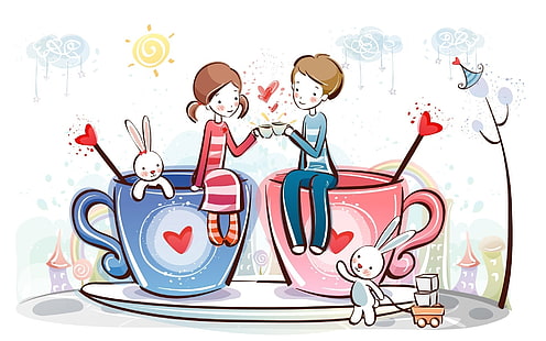 Couple in Love Drawing, cup, rabbit, heart, red, love, girl, boy, HD wallpaper HD wallpaper