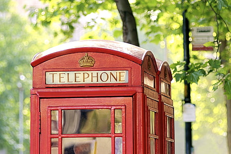 cabina telefónica roja, londres, cabina telefónica, inglaterra, ciudad, árboles, Fondo de pantalla HD HD wallpaper