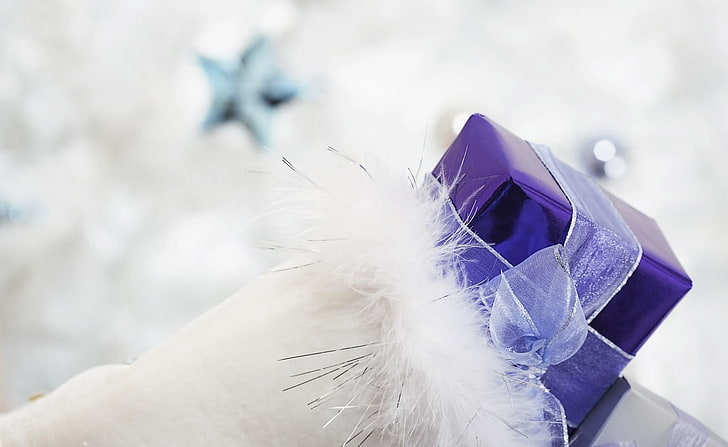 фиолетовая подарочная коробка, подарок, лента, перья, праздник, HD обои