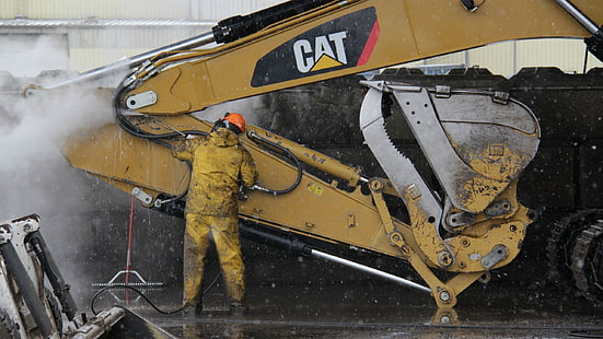 excavator Caterpillar kuning, excavator, kendaraan konstruksi, pekerja, Wallpaper HD HD wallpaper