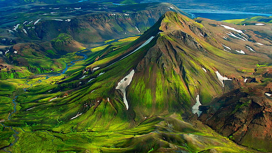 планина, планински пейзаж, планина, трева, пейзаж, landmannalaugar, Исландия, природен резерват fjallabak, помия, ръб, пасища, поле, небе, планини, ледник, природен резерват, HD тапет HD wallpaper