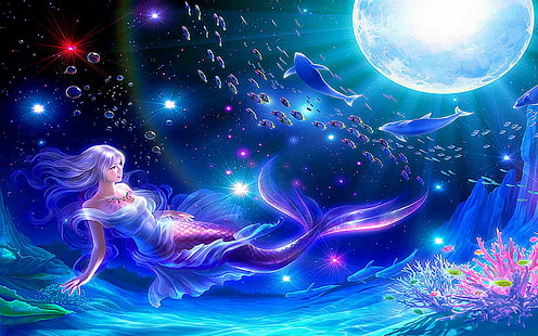 mermaid digital wallpaper, Fantasy, Mermaid, Colorful, Fish, Kagaya, Moon, Underwater, HD wallpaper HD wallpaper