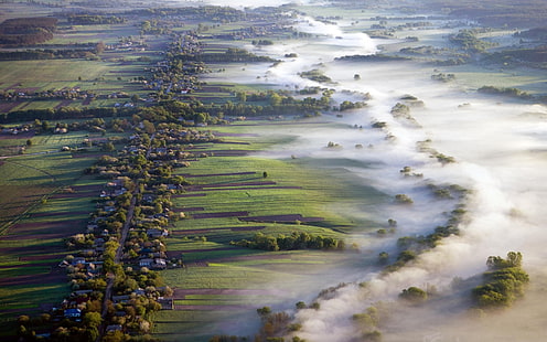 поле зеленой травы, природа, пейзаж, вид с воздуха, туман, деревни, поле, дорога, утро, Украина, HD обои HD wallpaper