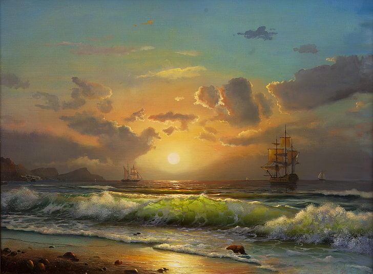 海の2つのガレオン船の壁紙、船、絵画、波、太陽、雲、ビーチ、空、帆船、 HDデスクトップの壁紙