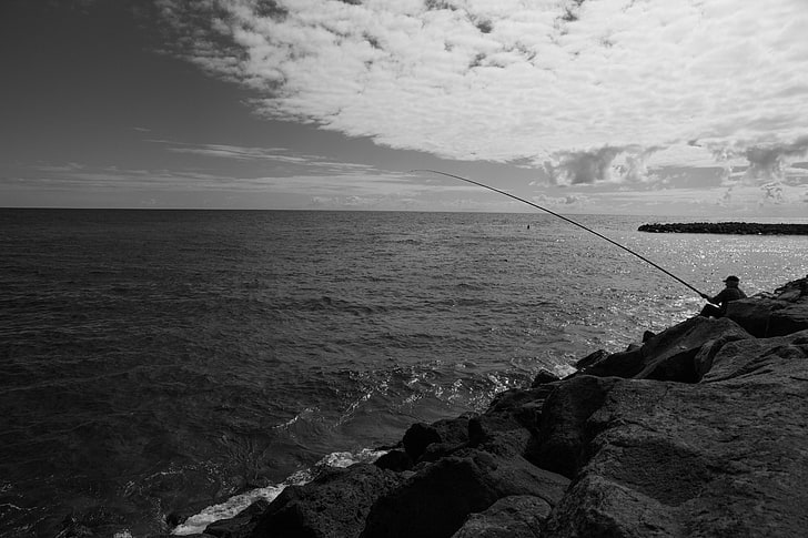 Açores, pêcheur, monochrome, mer, Fond d'écran HD
