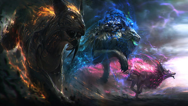 three animals digital wallpaper, Fantasy, Creature, Gods, Lion, Tiger, Wolf, HD wallpaper