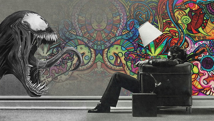 Venom graffiti, untitled, abstract, digital art, artwork, Venom, lamp, chair, sitting, HD wallpaper