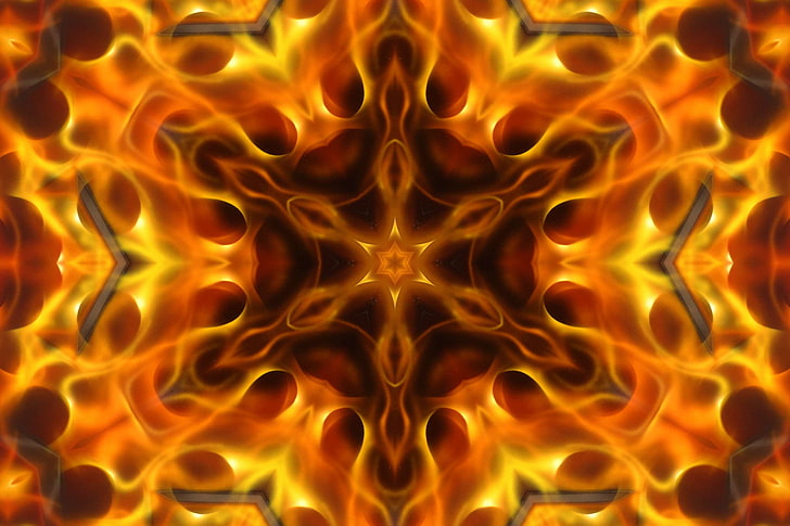 abstract, background, blazing, burning, design, fiery, fire, flaming, geometric, glowing, gold, hot, kaleidoscope, orange, pattern, red, yellow, HD wallpaper