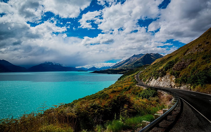 дорога, горы, Новая Зеландия, Куинстаун, озеро Вакатипу, HD обои