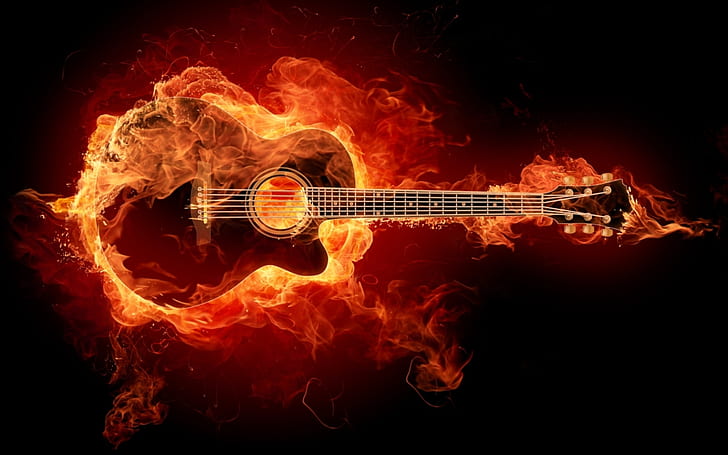 Guitar Acoustic Fire Flame HD, музика, огън, китара, пламък, акустика, HD тапет