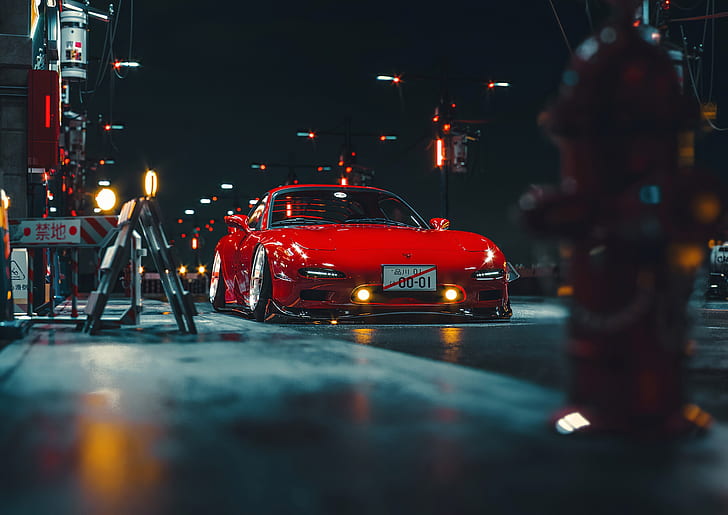 Mazda RX-7, coche, noche, vehículo, autos rojos, Mazda, Fondo de pantalla HD