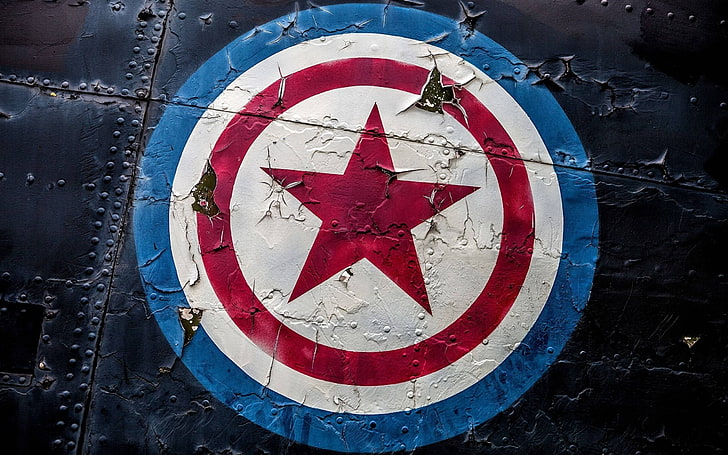 Lukisan dinding perisai Captain America, logam, simbol, bintang, Captain America, Marvel Cinematic Universe, Wallpaper HD