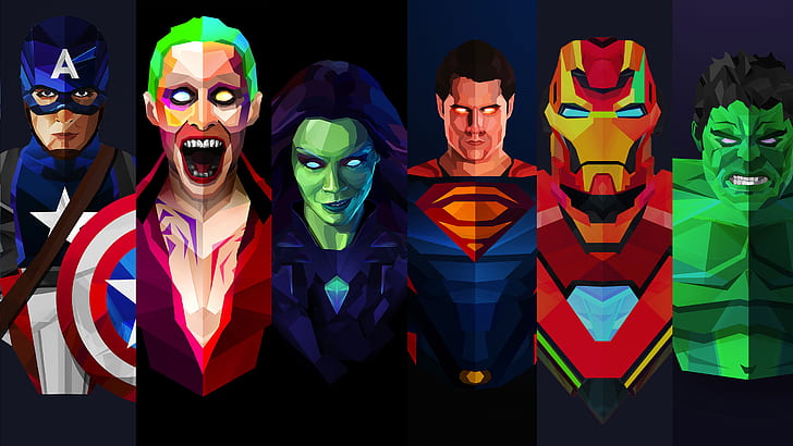 œuvres d'art, œuvres d'art, super-héros, art numérique, amérique du capitaine, joker, superman, homme de fer, hulk, Fond d'écran HD