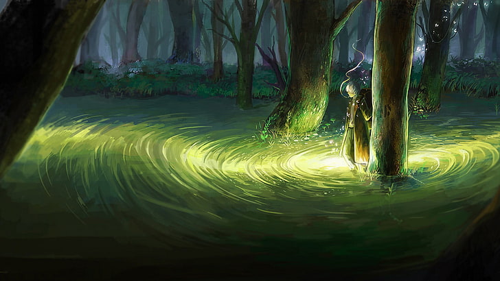 жълто и зелено горско моминско рисуване, аниме, Мушиши, Гинко (Мушиши), естествена светлина, пушене, бяла коса, къса коса, гора, дълбока гора, дървета, раници, блато, HD тапет