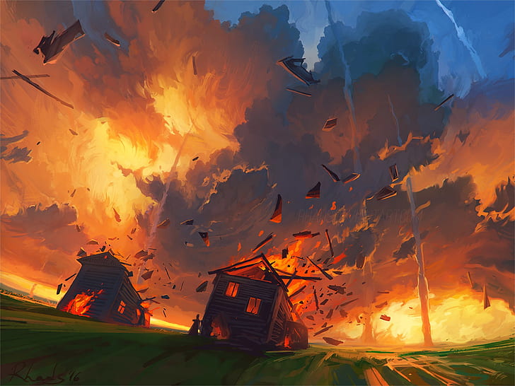 fire, flame, Apocalypse, disaster, chaos, the bombing, meteor shower, wooden houses, the fall of the meteorite, HD wallpaper