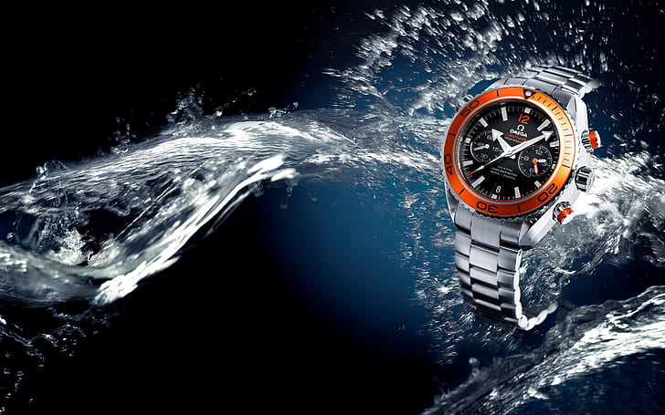 Omega Seamaster Watch, Chronograph mit silbernem Link und orangefarbenem Rahmen, Zeigeruhr, Omega-Uhr, HD-Hintergrundbild