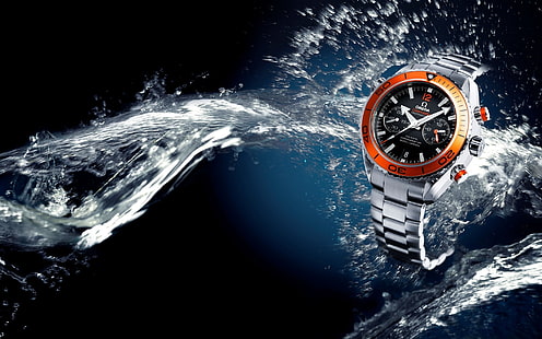 Omega Seamaster Watch, silver link orange frame chronograph watch, hand watch, omega watch, HD wallpaper HD wallpaper