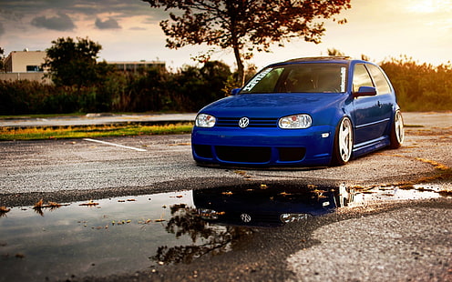 azul hatchback Volkswagen, Volkswagen, Golf GTI, Stance, Golf IV, azul, azul coches, vehículo, Fondo de pantalla HD HD wallpaper