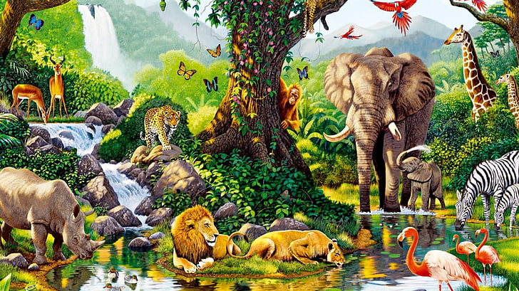 Djungel, vatten, vild, elefant, HD tapet