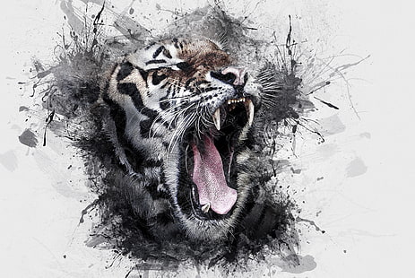 tigre branco, rugido, selvagem, obra de arte, aquarela, animal, HD papel de parede HD wallpaper