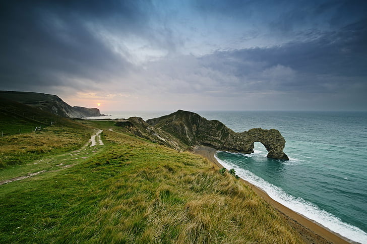 الأرض ، Durdle Door ، Cliff ، Cloud ، Coast ، Dorset ، إنجلترا ، الحجر الجيري ، البحر ، المناظر البحرية ، الشاطئ ، الغروب، خلفية HD
