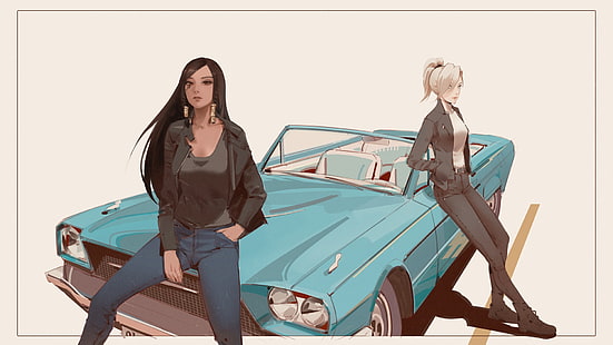 duas personagens de anime feminino, apoiando-se na ilustração de cupê conversível, videogames, Overwatch, Pharah (Overwatch), Mercy (Overwatch), vintage, carro, fundo branco, ciano, HD papel de parede HD wallpaper