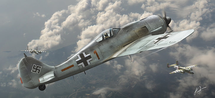 klasik pesawat Jerman abu-abu dan hitam, penerbangan, pejuang, pembom, Amerika, Perang dunia kedua, Jerman, Fw 190, Focke-Wulf, Dogfight, B-25, Wallpaper HD