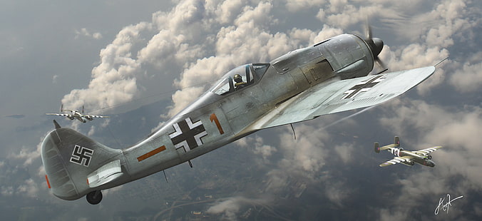 klasik pesawat Jerman abu-abu dan hitam, penerbangan, pejuang, pembom, Amerika, Perang dunia kedua, Jerman, Fw 190, Focke-Wulf, Dogfight, B-25, Wallpaper HD HD wallpaper