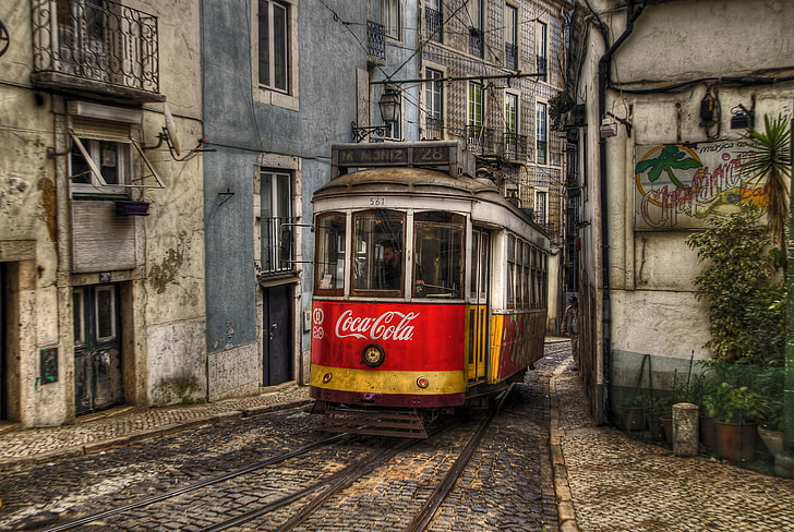edificio, tram, traccia, Portogallo, Coca-Cola, Lisbona, città, Sfondo HD