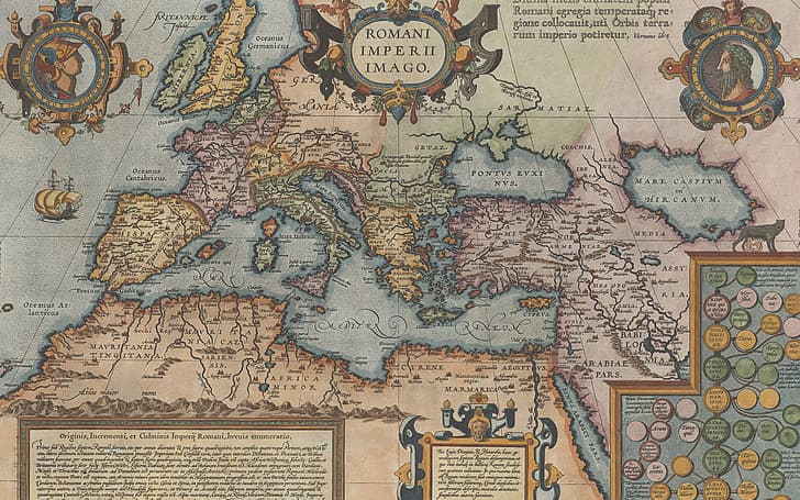 L'Empire romain, l'Empire romain, vieilles cartes, Abraham Ortelius, Abraham Ortelli, 1592, carte histroique représentant l'Empire romain, l'Empire romain Image, Fond d'écran HD